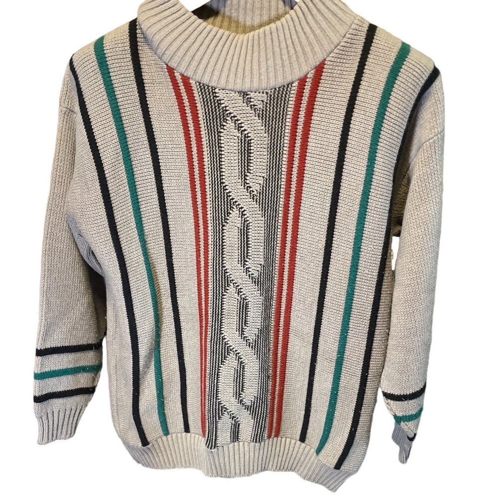 Vintage 80s Clifton Place Gray Multicolor Stripe Mock Neck Sweater